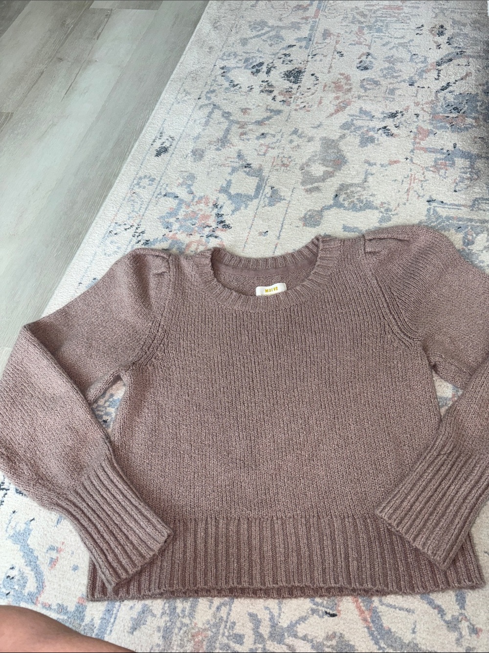 Maeve Puff-Sleeve Knit Sweater in Mauve size small